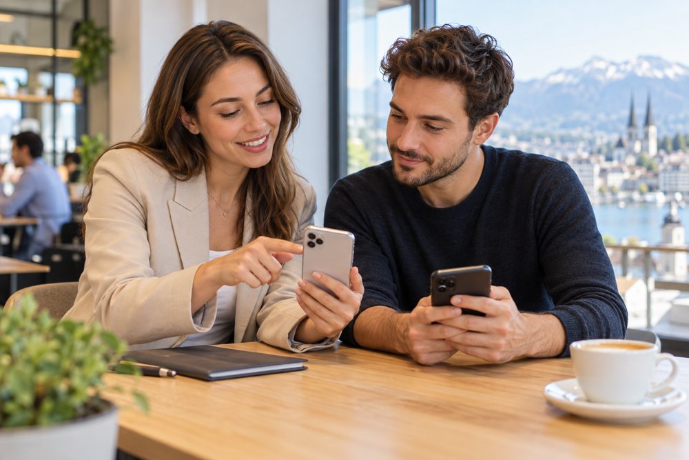 Kunde und Beraterin vergleichen Smartphones